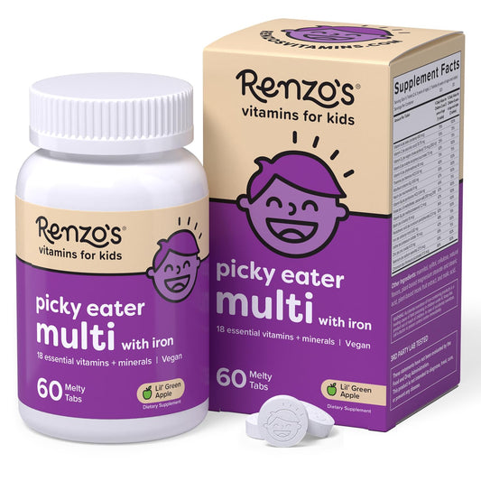 Bottle of Renzo's Picky Eater Kids Multivitamin with Green Apple flavor