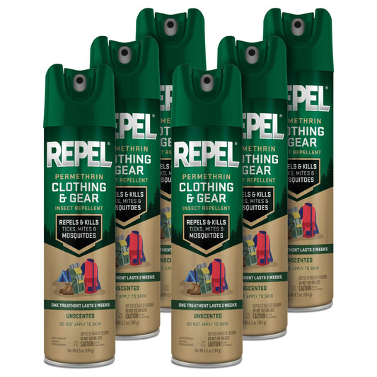 Repel Permethrin aerosol bottle provides long-lasting protection for outdoor gear.