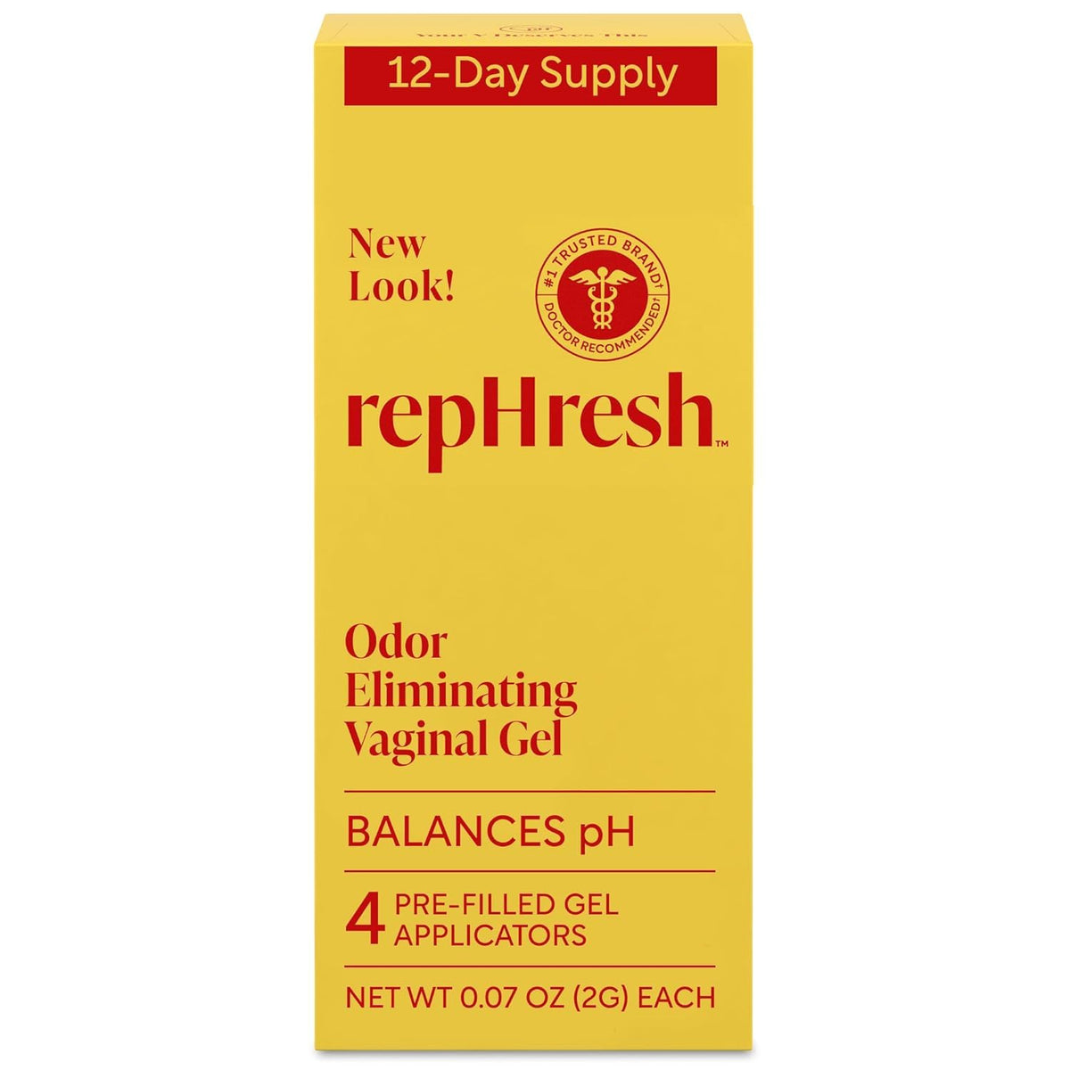 RepHresh odor-eliminating vaginal gel box shows the pH-balancing care for daily freshness.