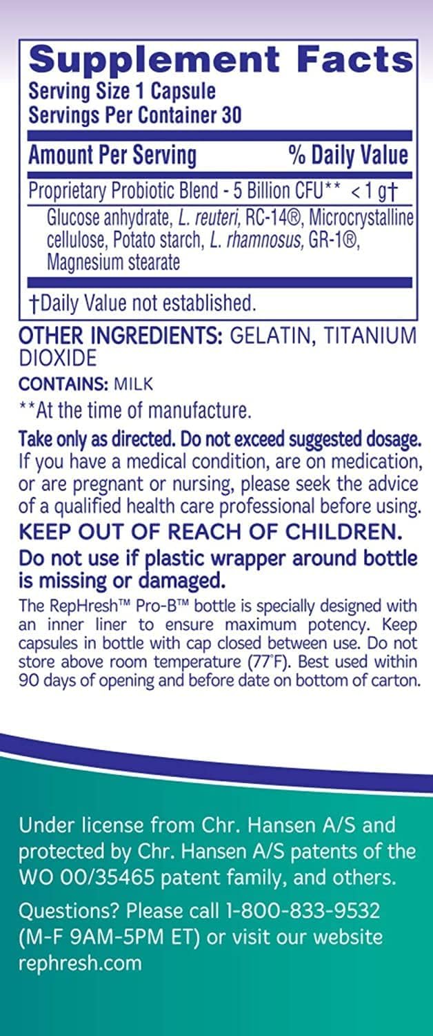 Back of Rephresh Pro-B box with usage notes visible.