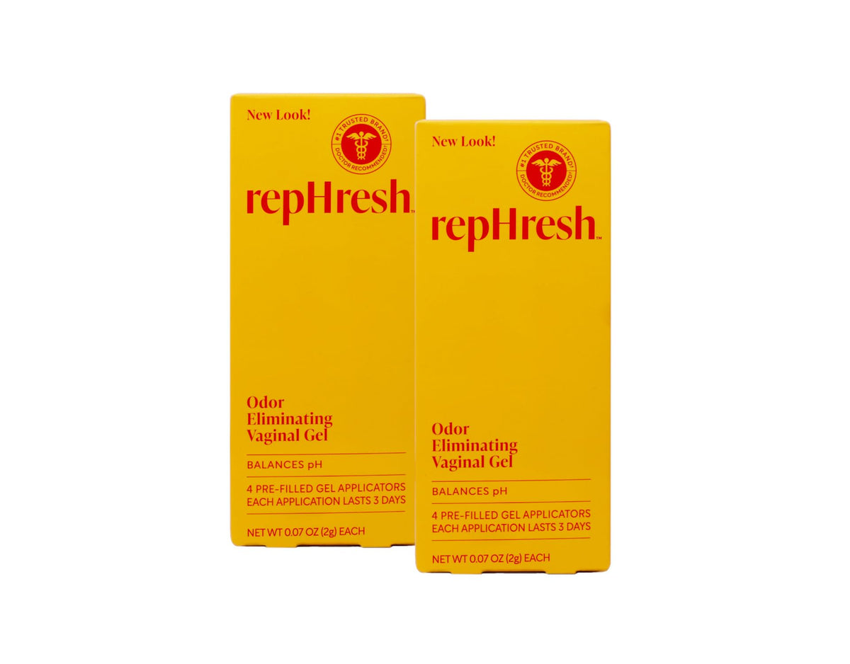 Rephresh vaginal gel packaging displays four pre-filled applicators for easy, discreet use.