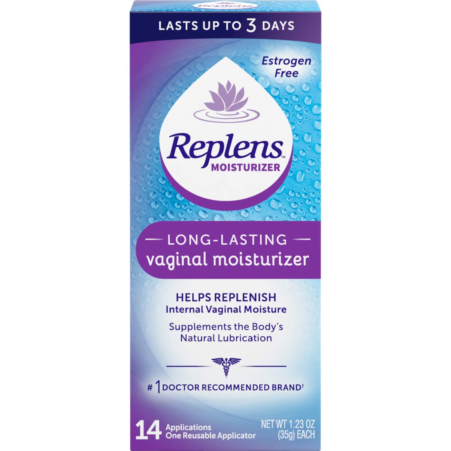 Replens long-lasting vaginal moisturizer bottle closeup for discreet daily use