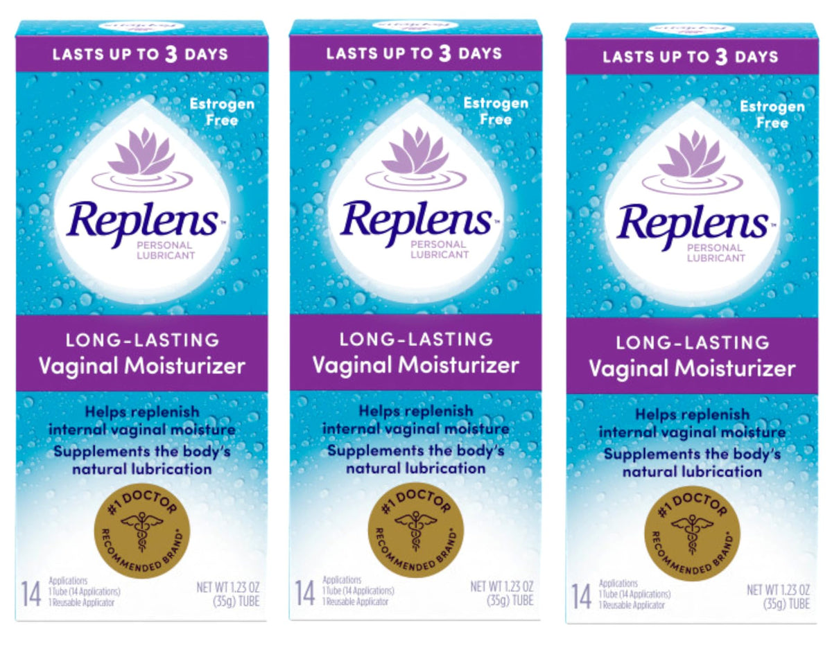 Replens pack-of-3 box highlights long-lasting moisture benefits