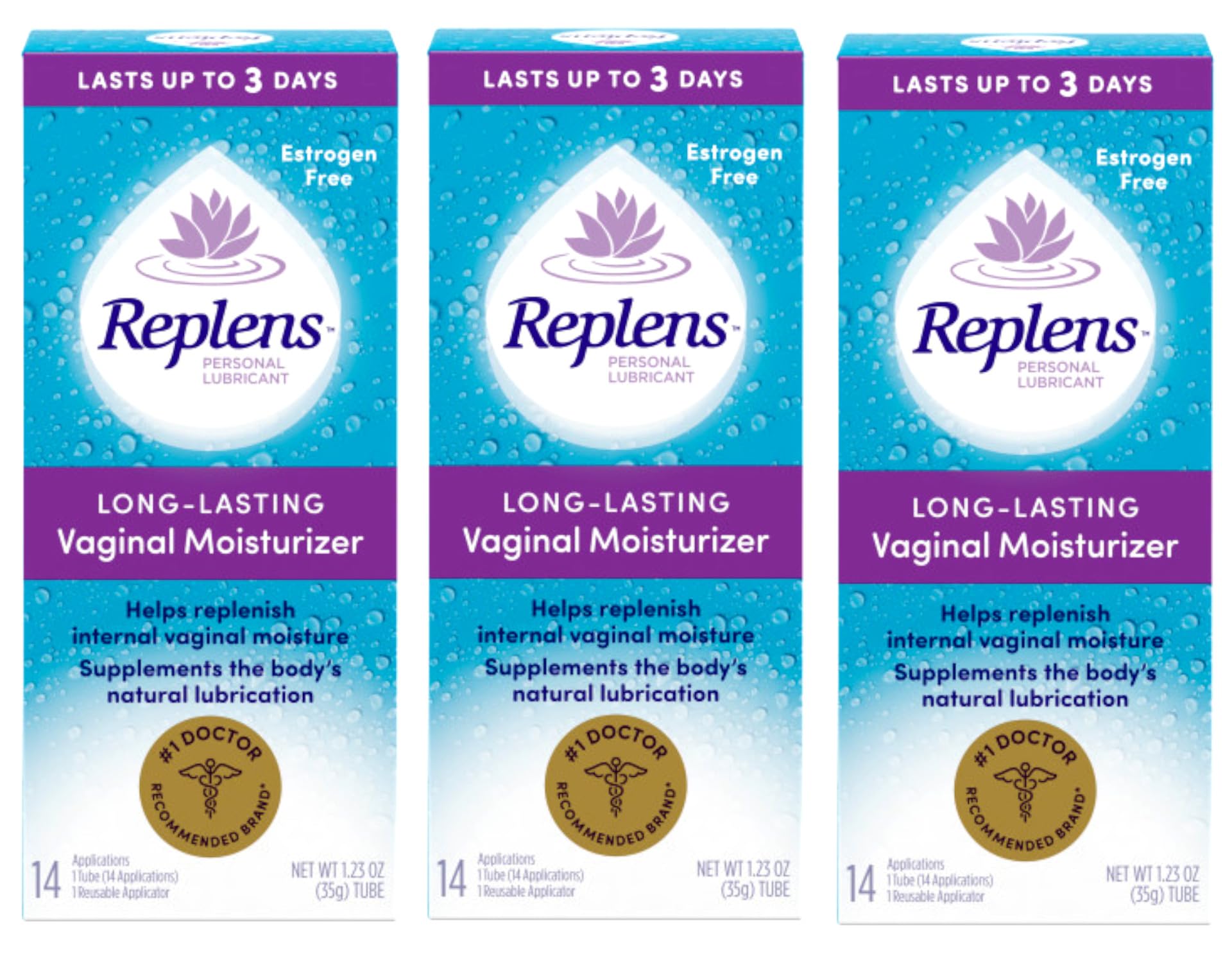 Replens pack-of-3 box highlights long-lasting moisture benefits