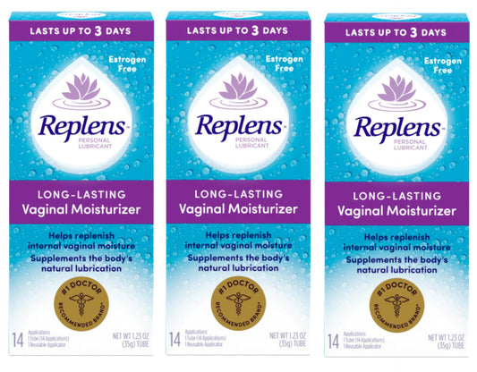 Replens pack-of-3 box highlights long-lasting moisture benefits