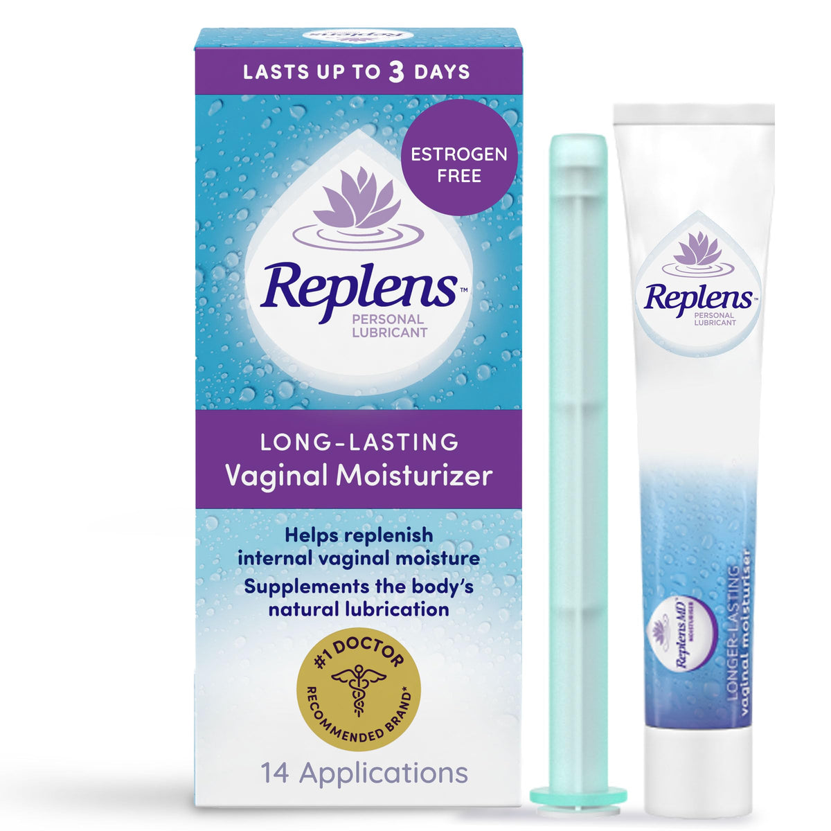 Replens packaging shows a 14-count supply for regular vaginal moisture.