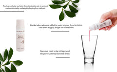 Close-up of Replere bottle label highlighting Camu Camu, Acai, Goji, blueberries and pomegranate