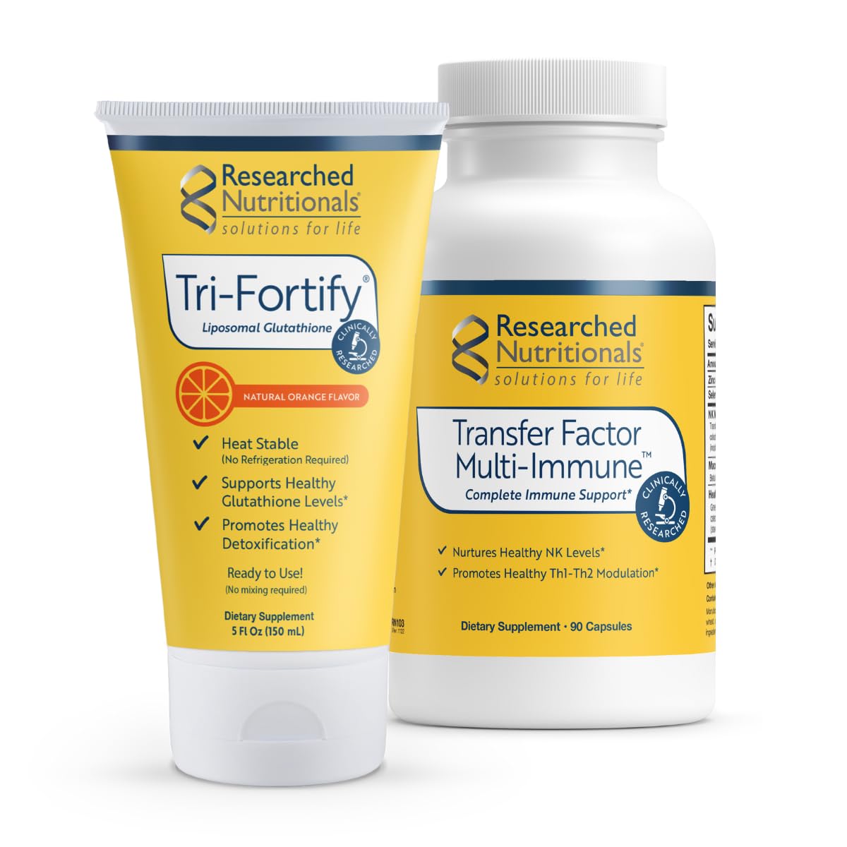 Enhanced Immunity Duo packaging showing Tri-Fortify Liposomal Glutathione and Transfer Factor Multi-Immune