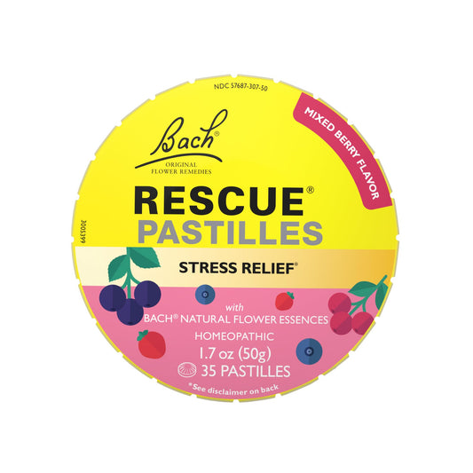Close-up of RESCUE Bach Pastilles lozenges in berry flavor