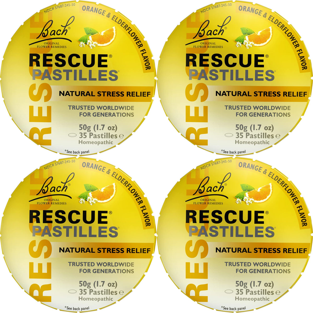 Front view of RESCUE Bach Pastilles orange elderflower pack
