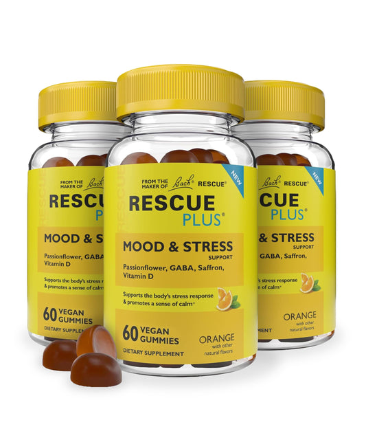 Front view of RESCUE Bach Plus Mood & Stress Gummies 3-pack (180 count)