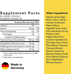 RESCUE Bach Plus Mood and Stress Gummies ingredients panel featuring saffron, passionflower, and GABA for daytime balance.
