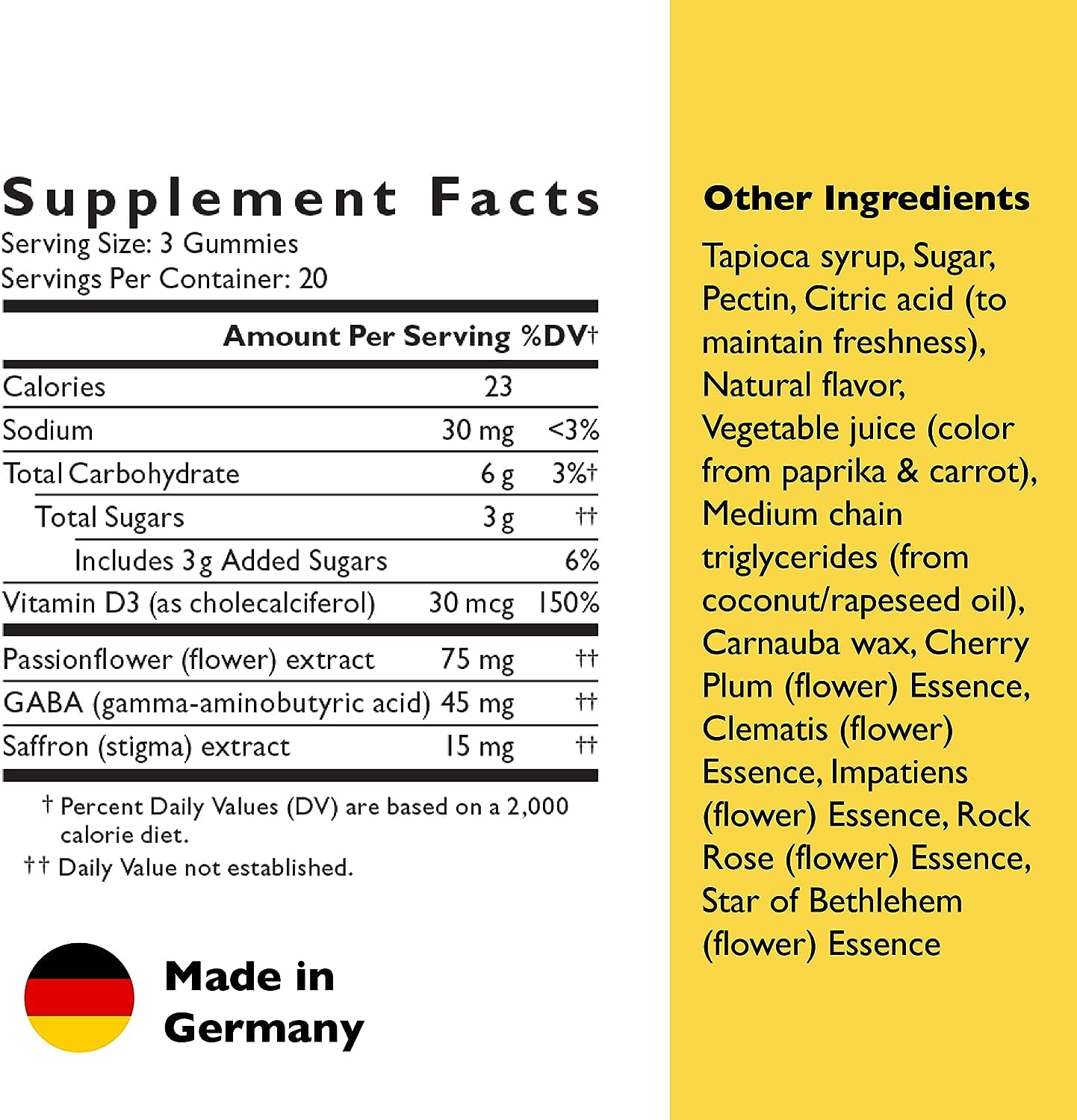 Ingredients: saffron, passionflower, GABA, and vitamin D