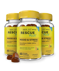 RESCUE Bach Plus Mood and Stress Gummies packaging showing daytime calm support for busy days.