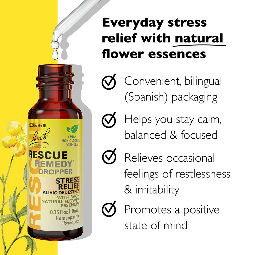 Close-up of the yellow RESCUE Bach Remedy Dropper bottle