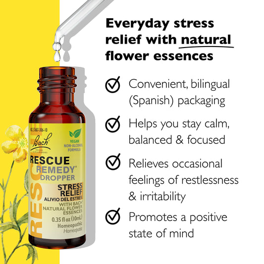 Close-up of the yellow RESCUE Bach Remedy Dropper bottle
