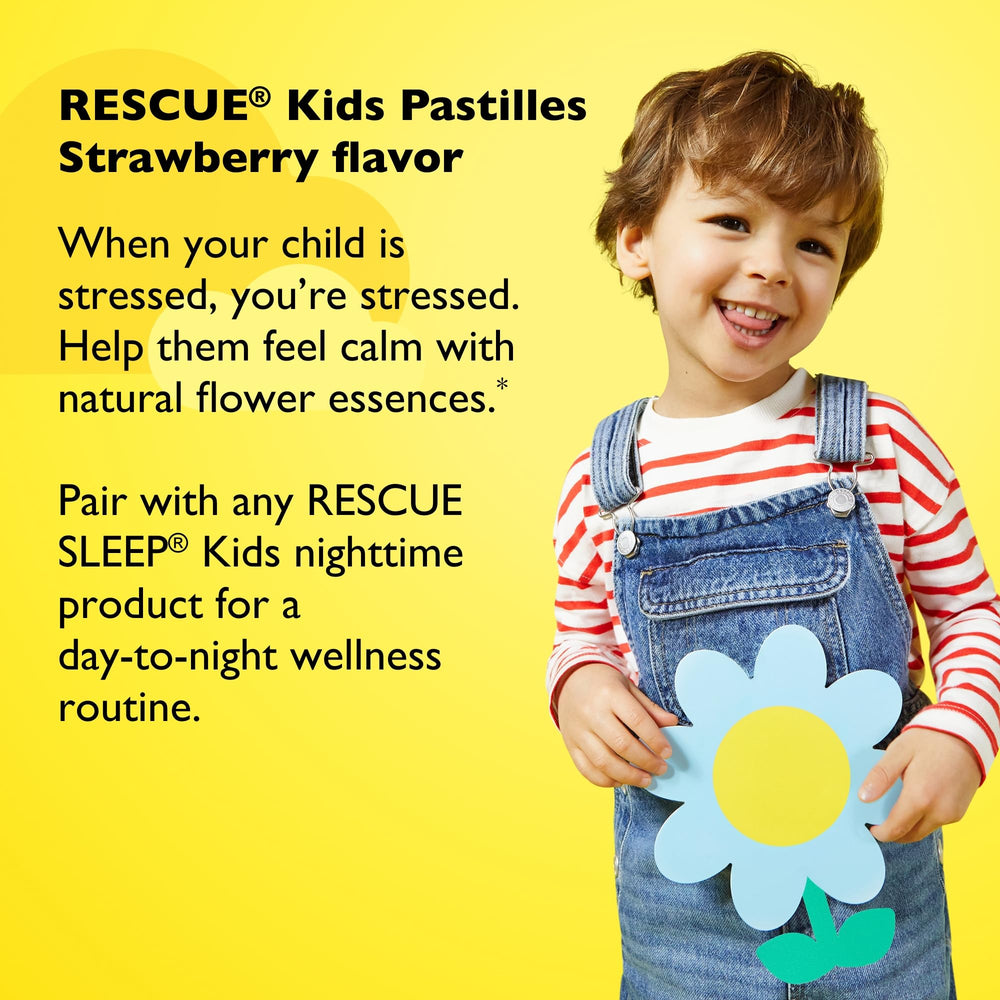 Kid-friendly RESCUE packaging featuring calming flower essence blend