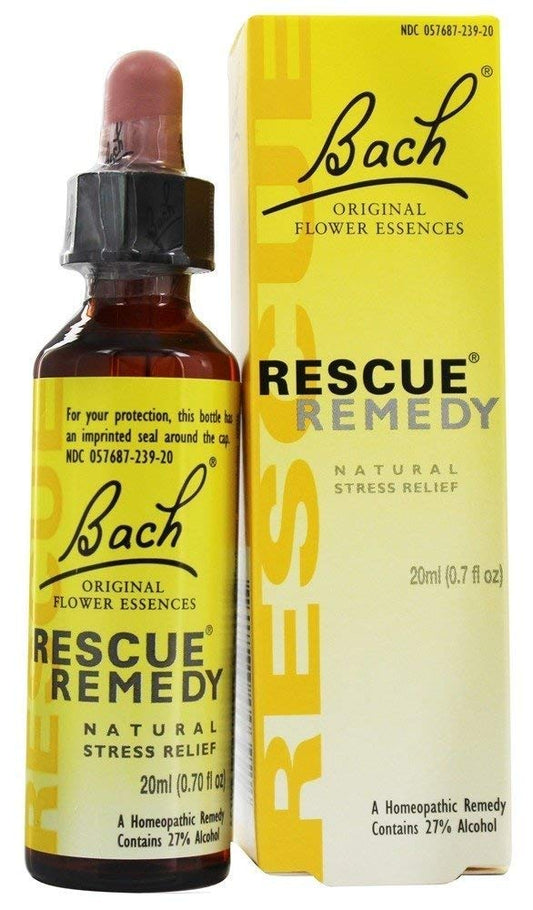 Bottle of Rescue Remedy Natural Stress Relief Drops with label visible