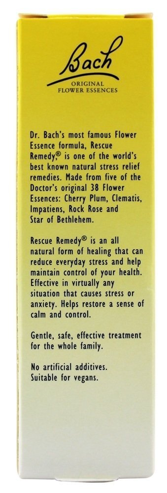 Close-up of Rescue Remedy bottle and ingredients on white background