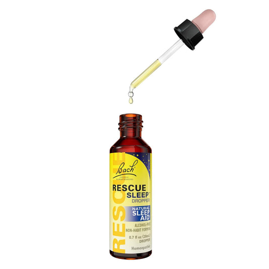 Close-up of RESCUE SLEEP drops showing liquid formula for natural sleep support