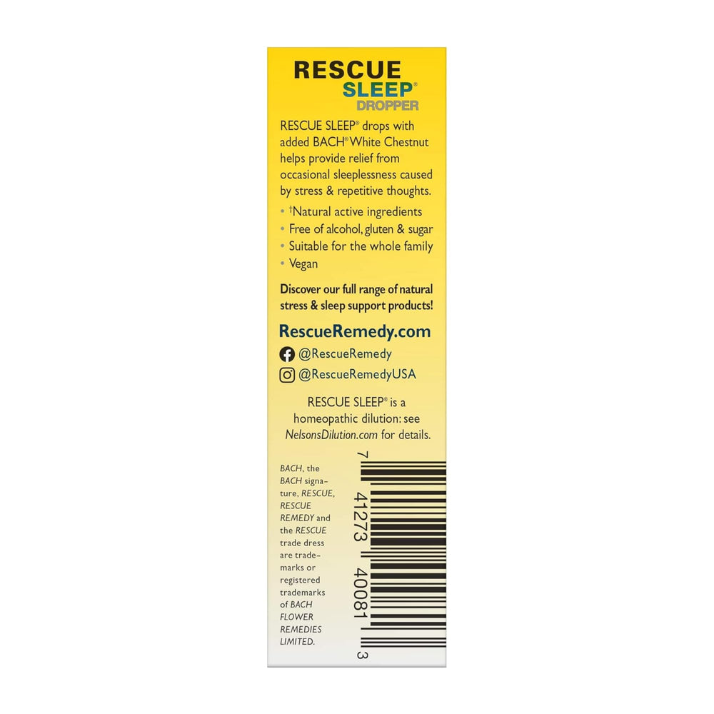 RESCUE SLEEP drops/dosage visual showing four-drop serving