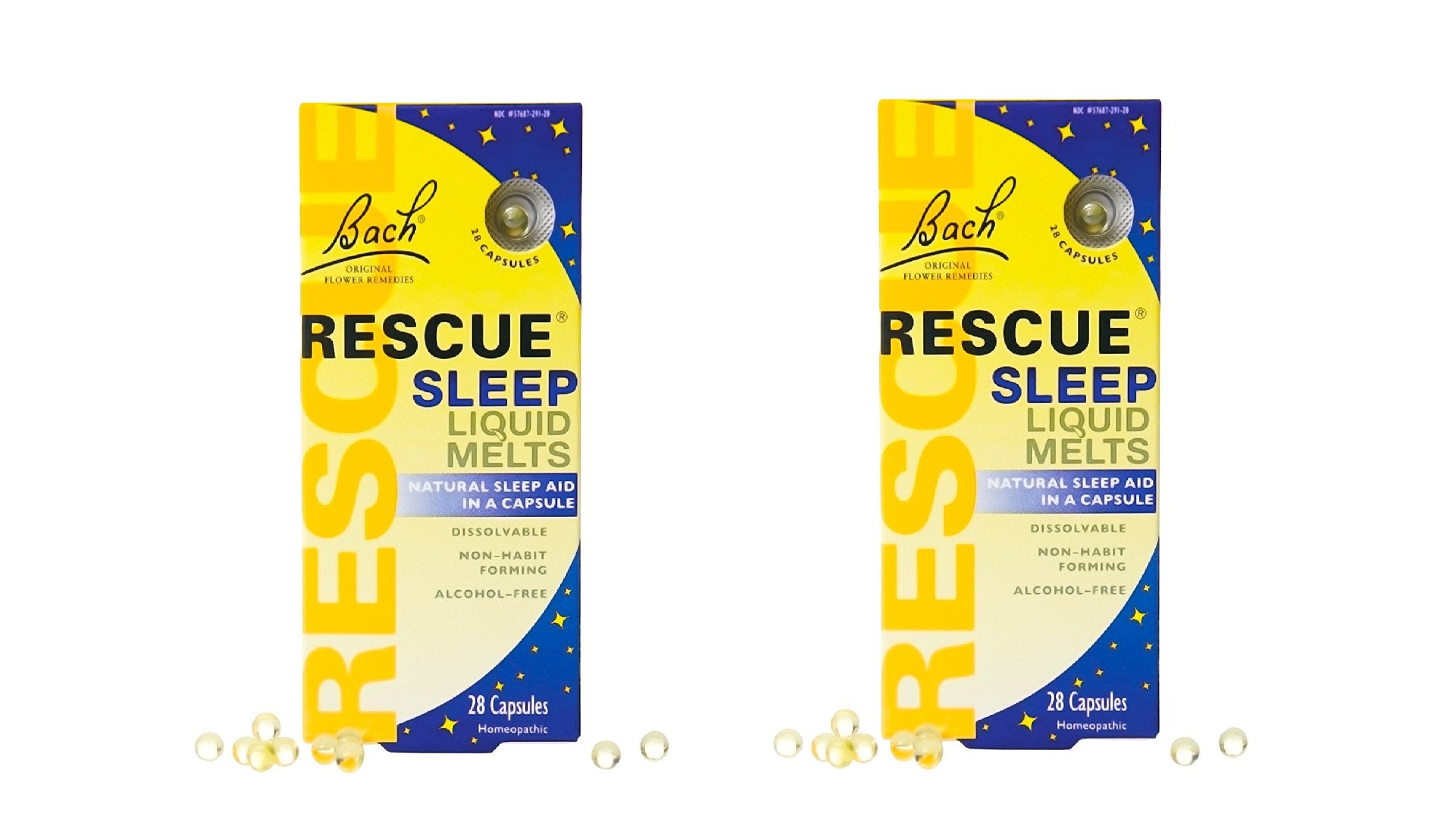 RESCUE Sleep liquid melts capsules close-up showing 2-pack packaging for convenient night-time use