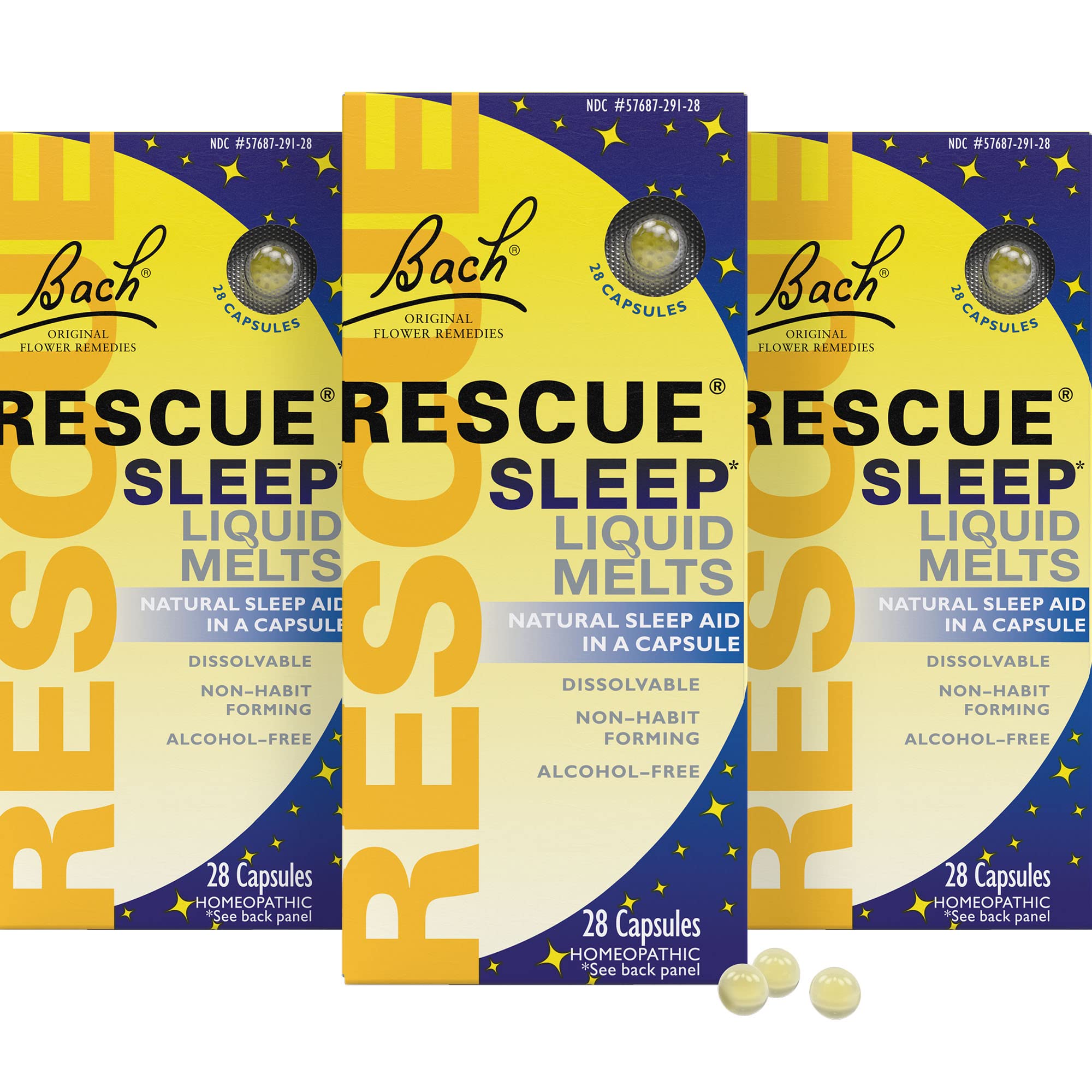 RESCUE Sleep Liquid Melts pack cover shows orange vanilla flavor and 3-pack value for daily calm