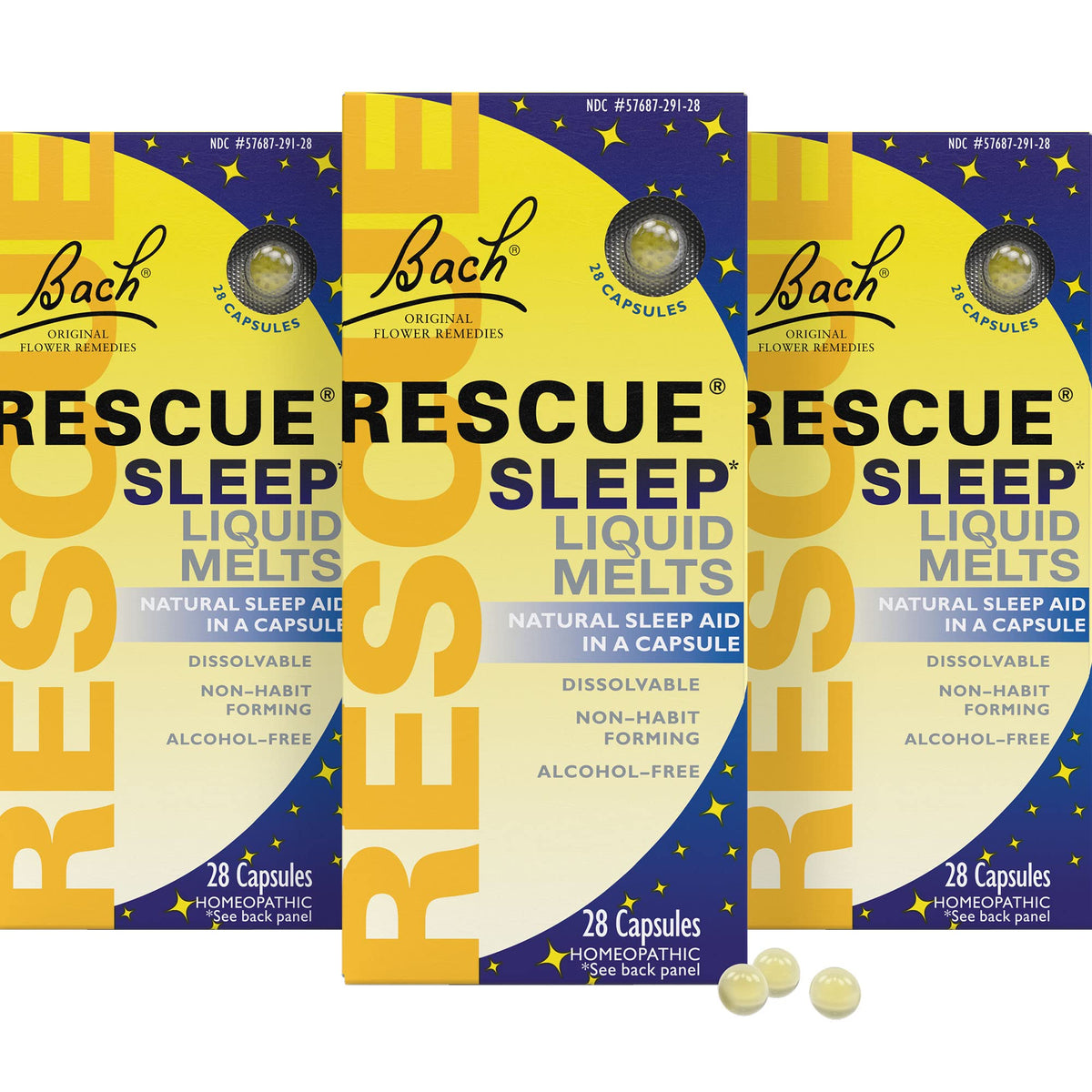 RESCUE Sleep Liquid Melts pack cover shows orange vanilla flavor and 3-pack value for daily calm