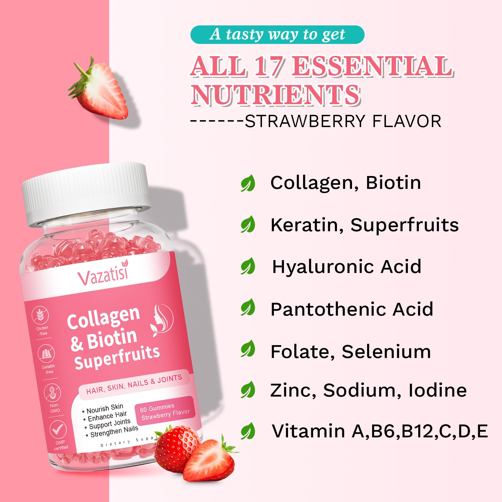 Resealable bottle of strawberry collagen gummies 120 count