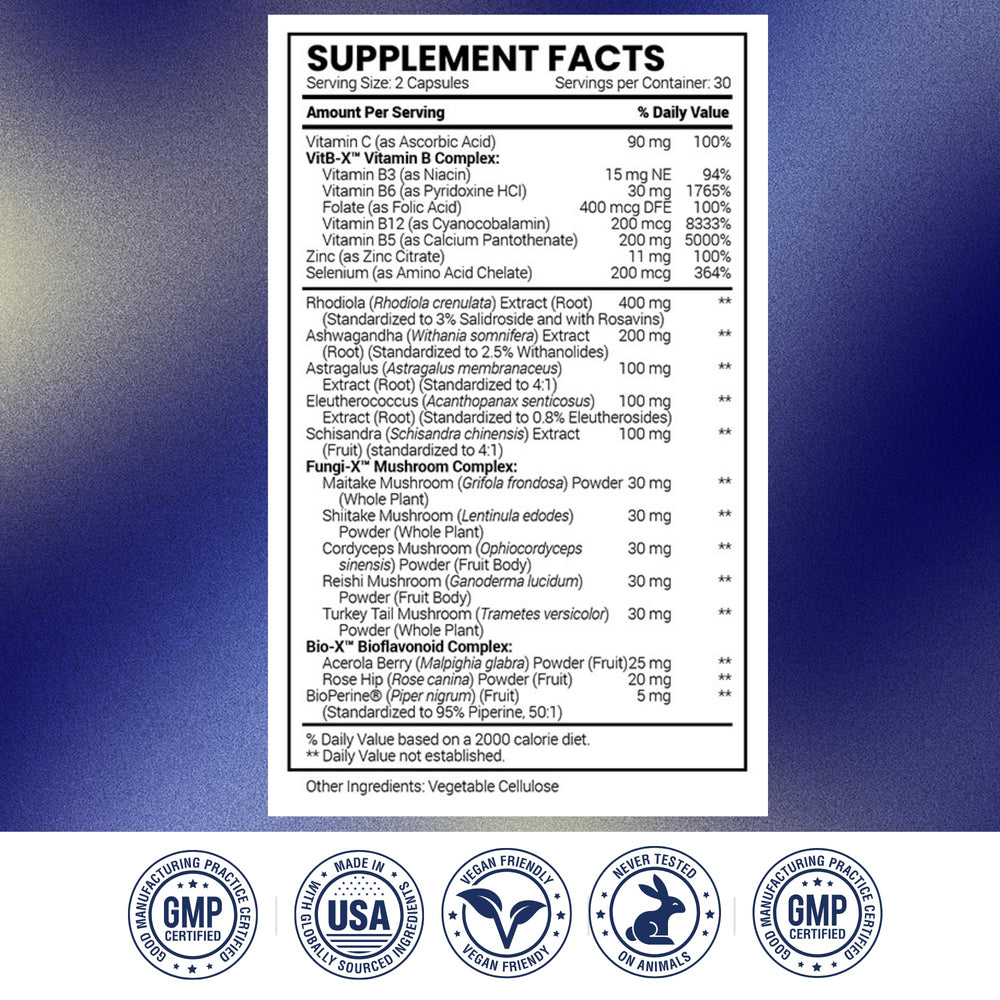 Supplement facts panel showing capsule counts and ingredients