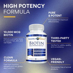 Close-up of Research Verified Biotin 10000mcg vegan tablet