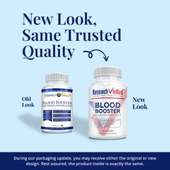 Close-up of Blood Booster bottle and capsule details