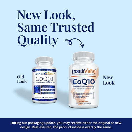 Front view of Research Verified CoQ10 bottle with label