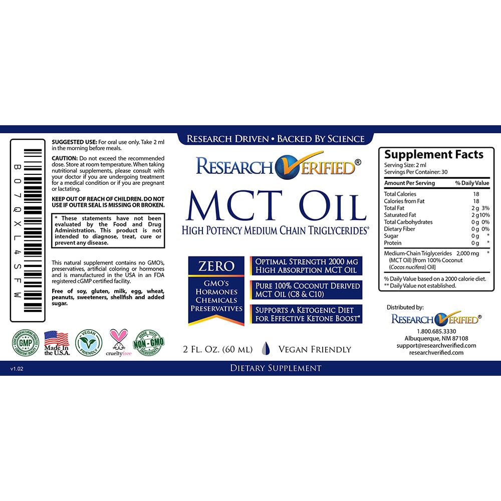 MCT oil bottle with vegan and GMO-free labeling on a clean background