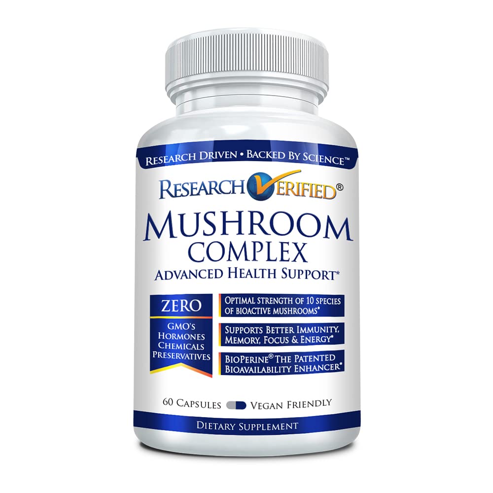 Bottle of Research Verified Mushroom Complex vegan capsules