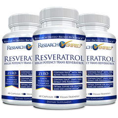 Bottle of Research Verified Resveratrol with label showing 60 capsules per bottle