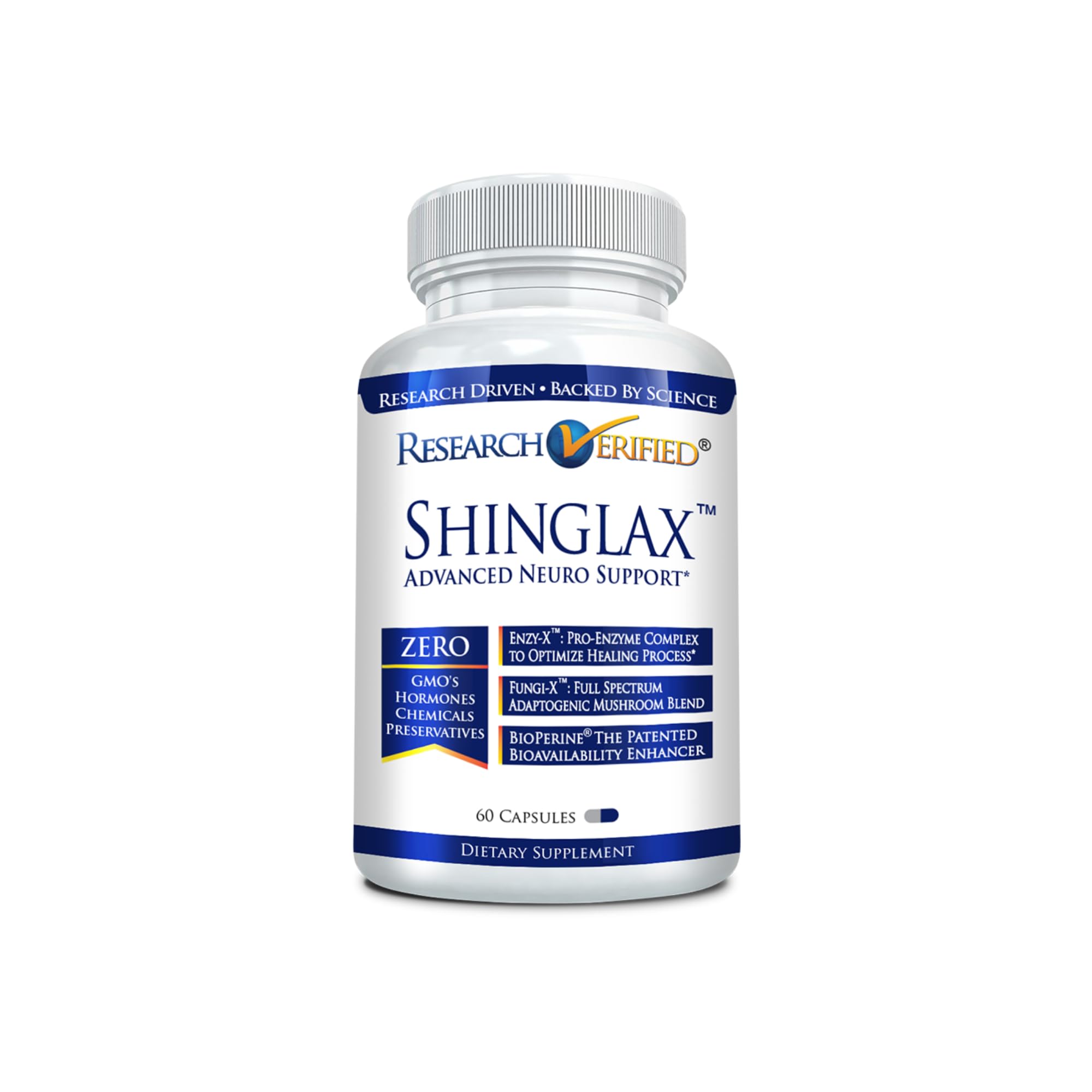 Bottle front view of Research Verified Shinglax 60 capsules