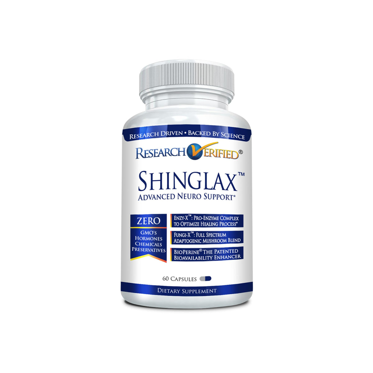 Bottle front view of Research Verified Shinglax 60 capsules