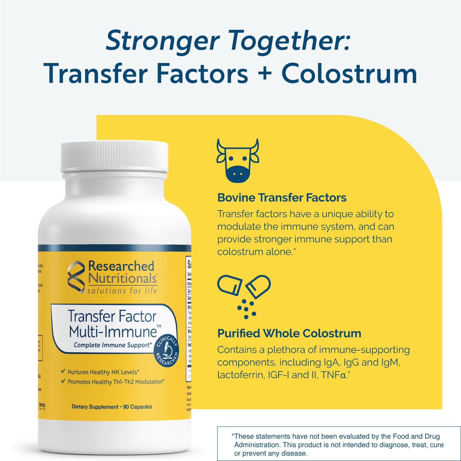 Researched Nutritionals Transfer Factor Multi-Immune outer packaging box on a clean surface.