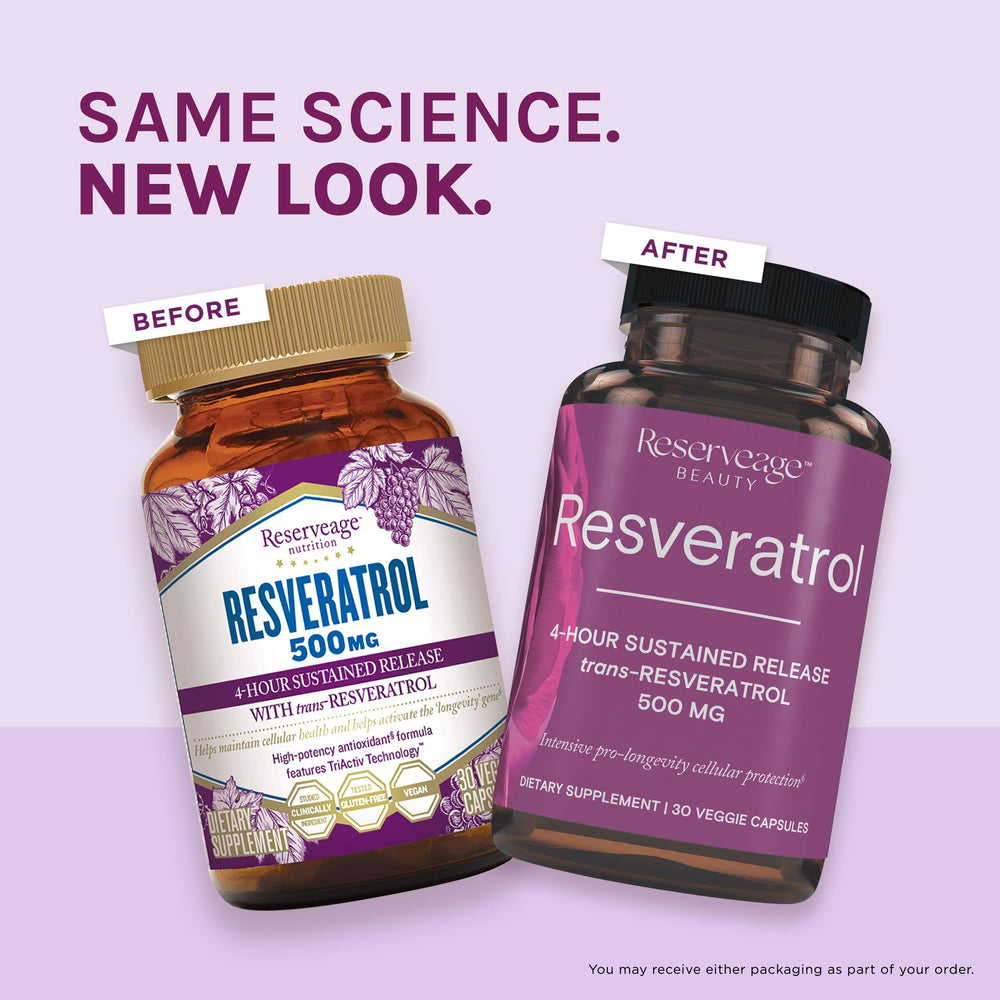 Reserveage Beauty bottle with cap and glass of water illustrating easy daily routine.