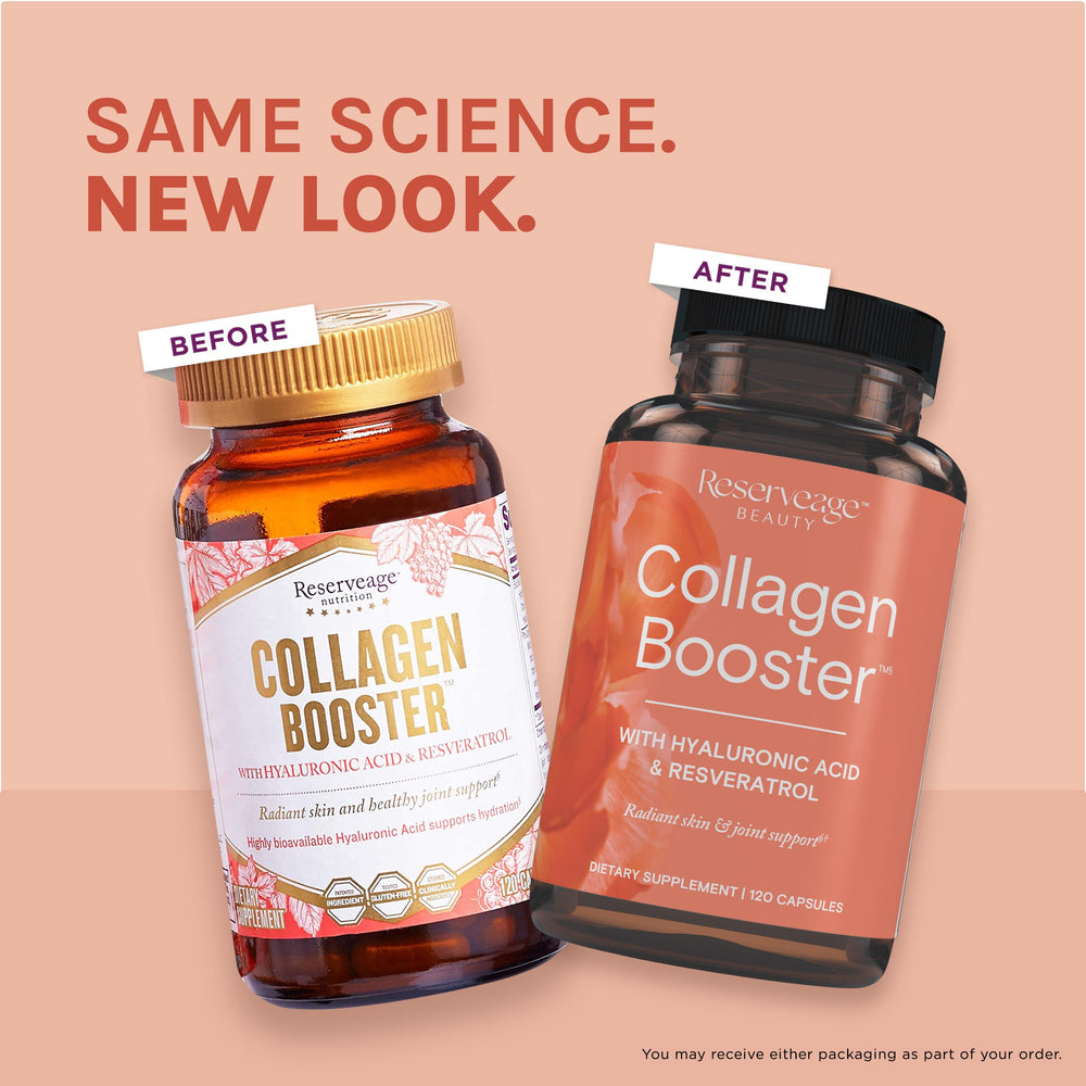 Reserveage Beauty Collagen Booster ingredients panel shows hydrolyzed collagen, hyaluronic acid, resveratrol.