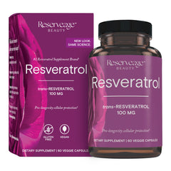 Bottle of Reserveage Beauty Resveratrol 100 mg supplement on white background