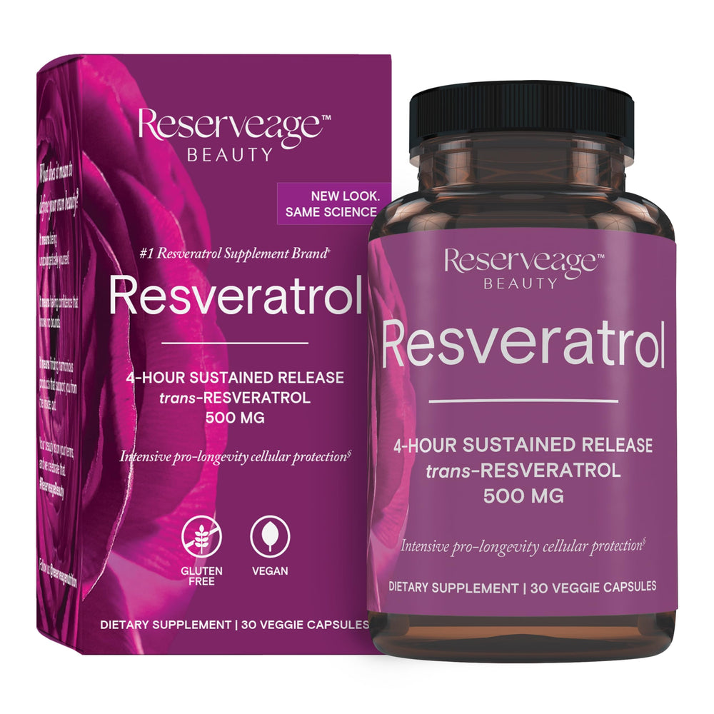 Reserveage Beauty Resveratrol 500 mg bottle on white background with antioxidant support.