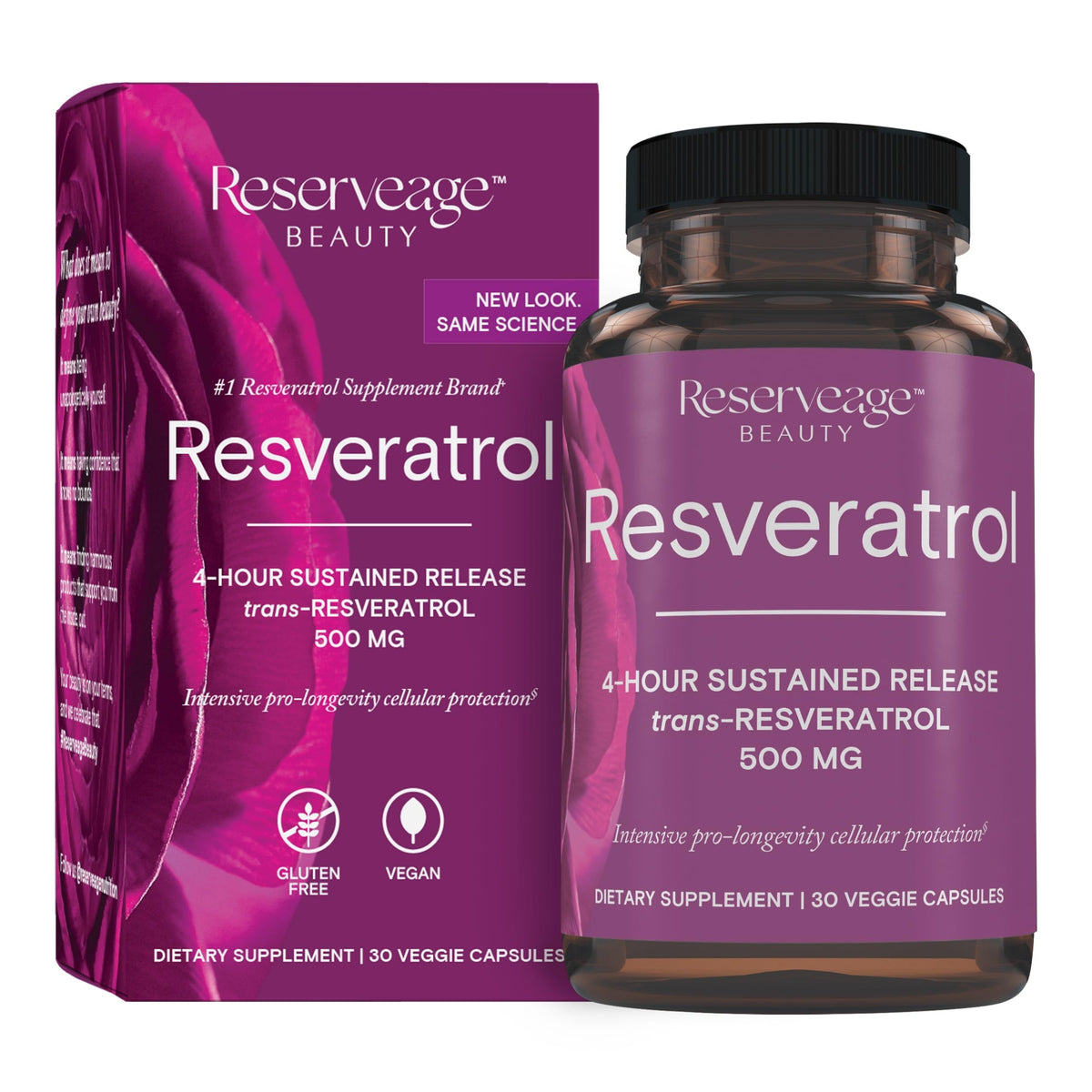 Bottle of Reserveage Beauty Resveratrol 500 mg antioxidant supplement