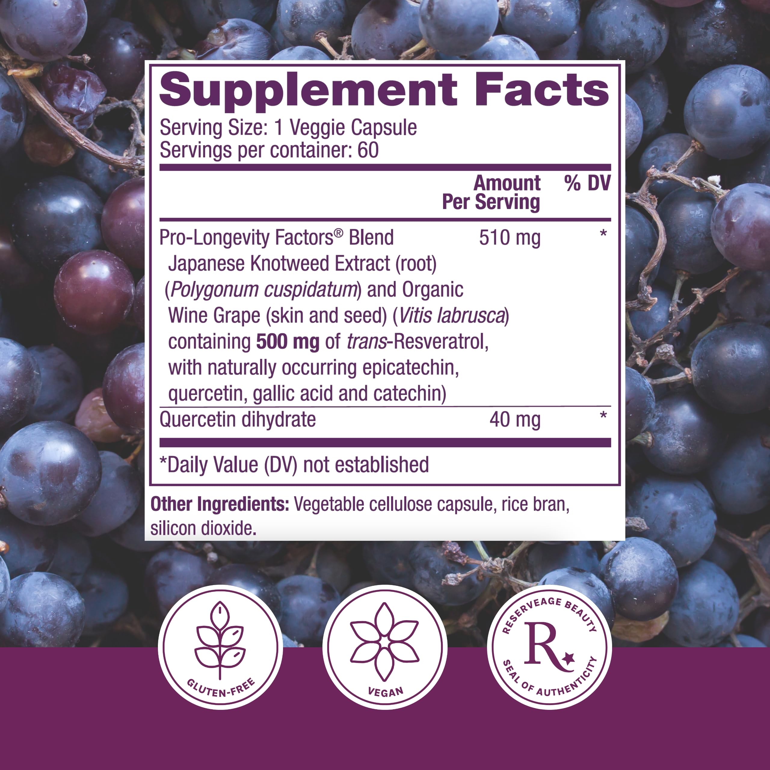 Reserveage Nutrition Resveratrol bottle back label with ingredients and directions