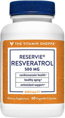 Front view of Reservie Trans Resveratrol bottle showing 60 vegan capsules and 500 mg per capsule.