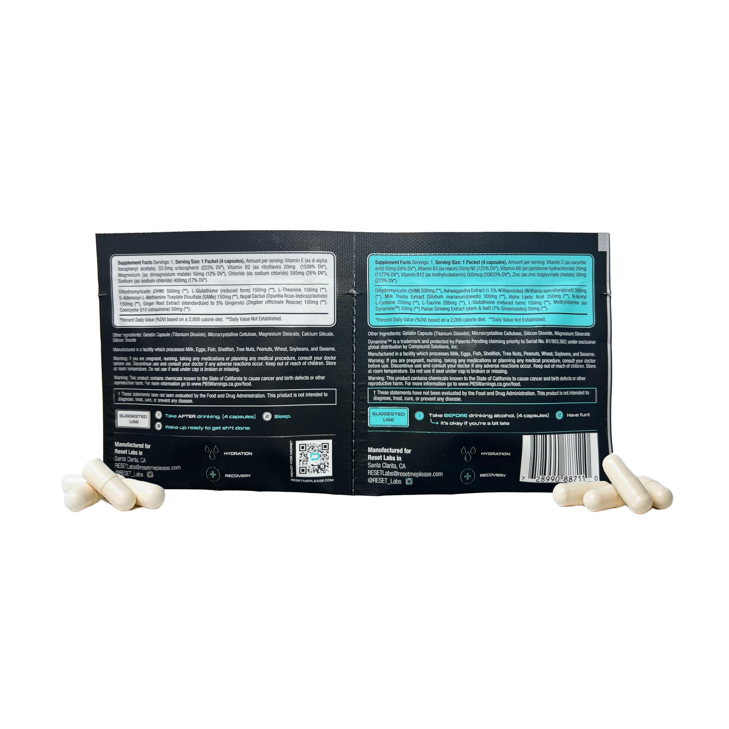 Reset Labs electrolyte recovery formula icon on packaging highlights hydration support