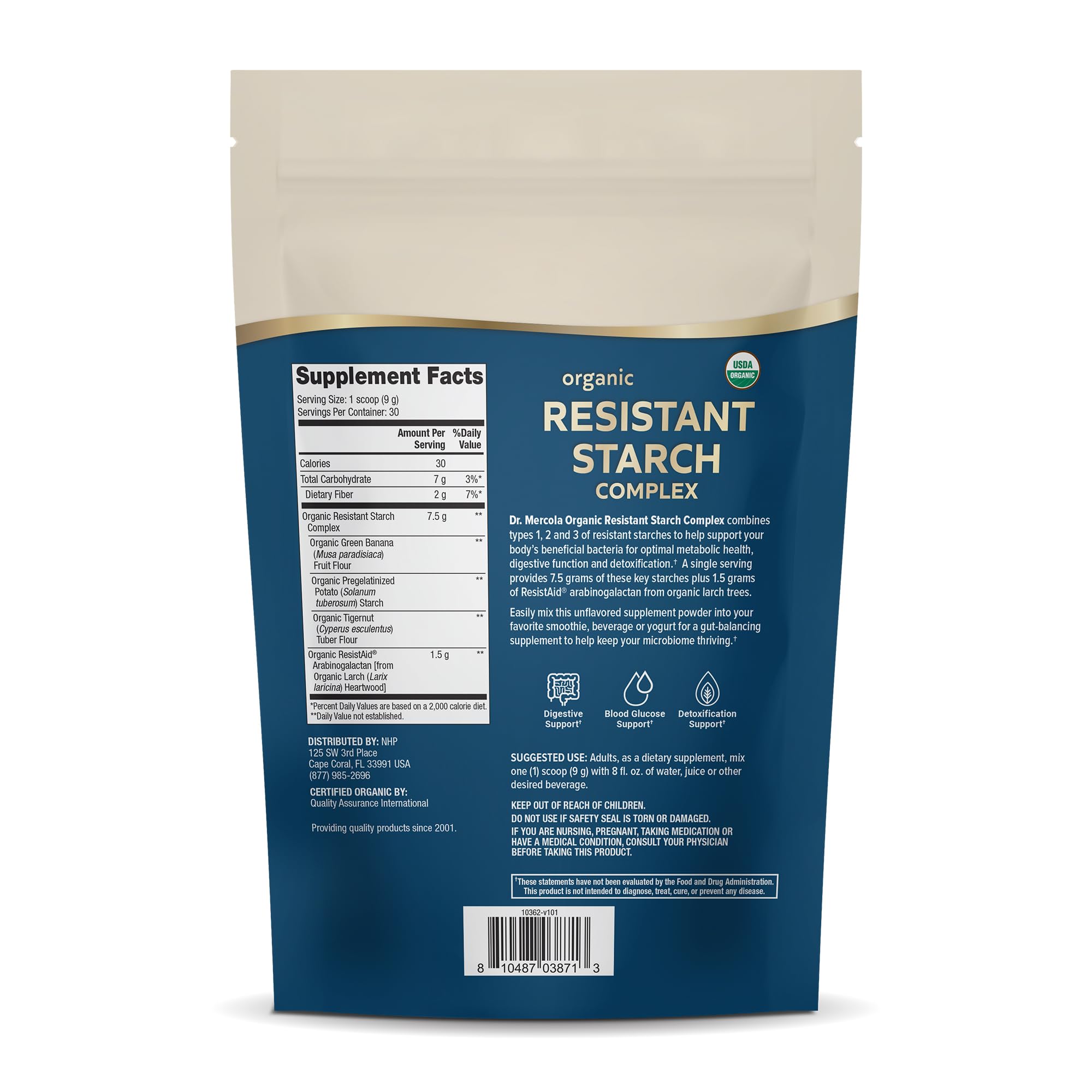 Close-up of resistant starch powder bottle label