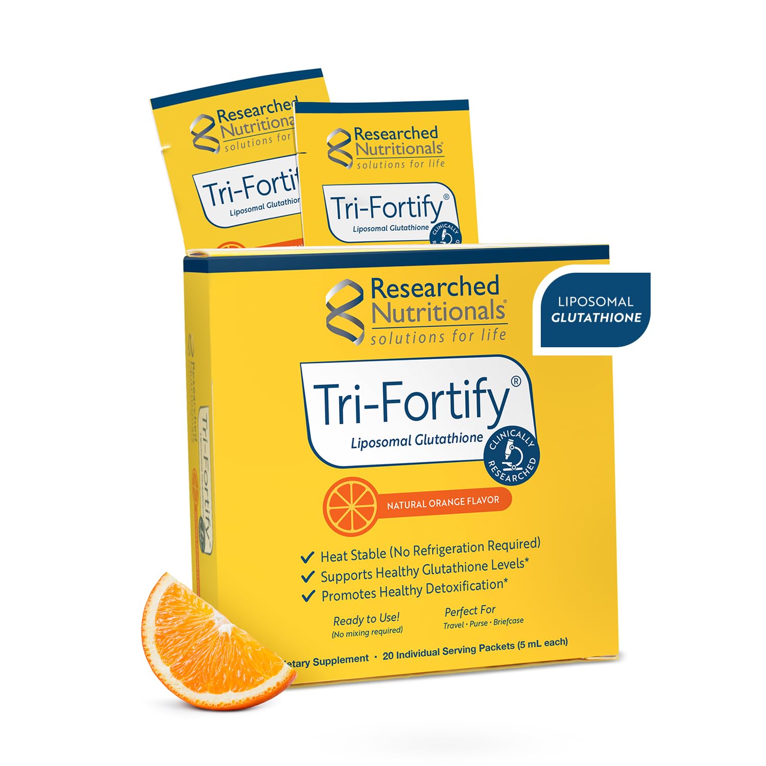 Researched Nutritionals liposomal glutathione orange bottle supports daily energy and immune wellness.