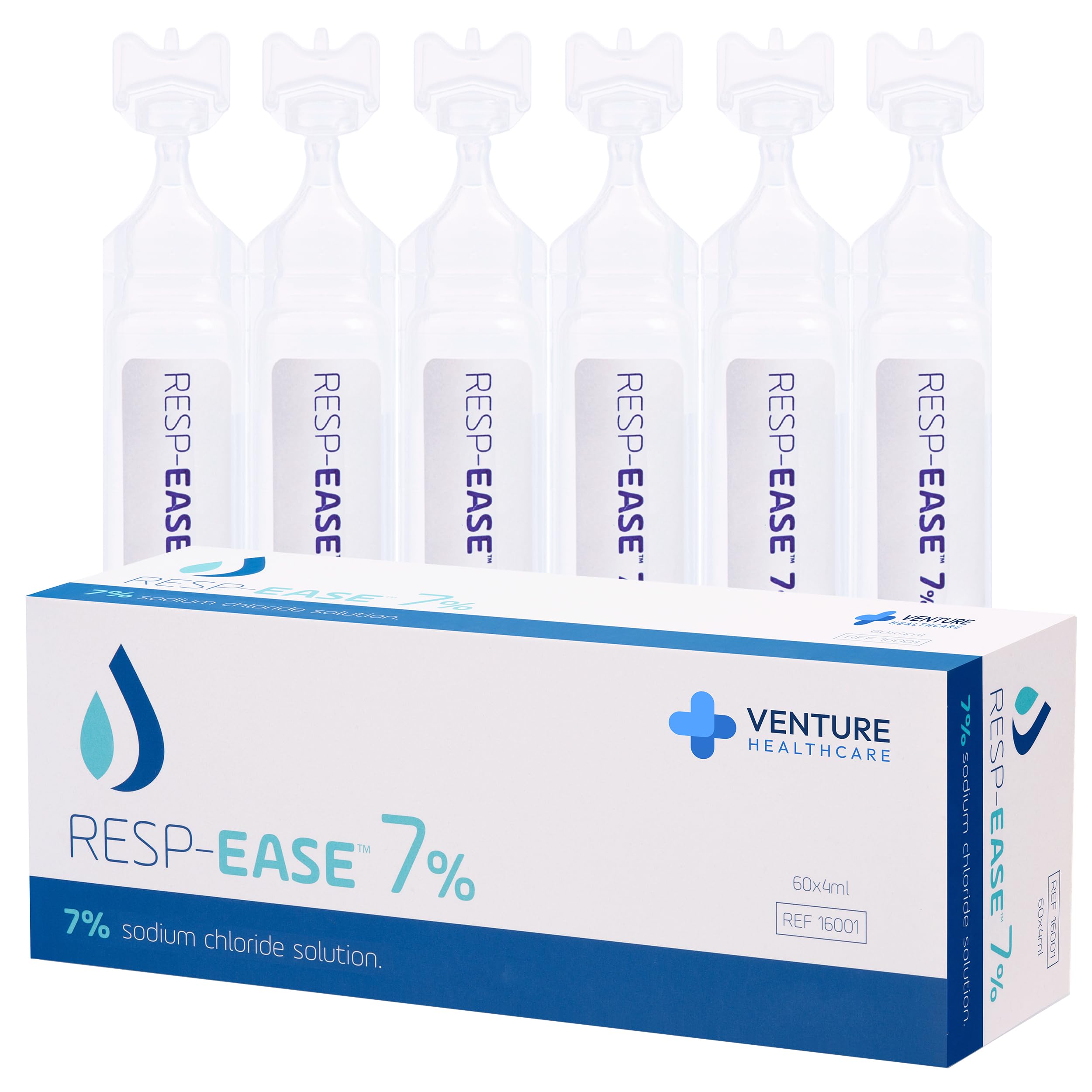 Resp-Ease 7% saline ampoules boxed for convenient single-use nasal care.